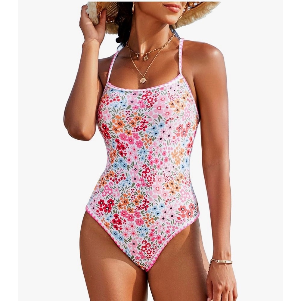 Jolefille Women Floral One Piece Swimsuit Pink Multi Rickrack Strappy Back